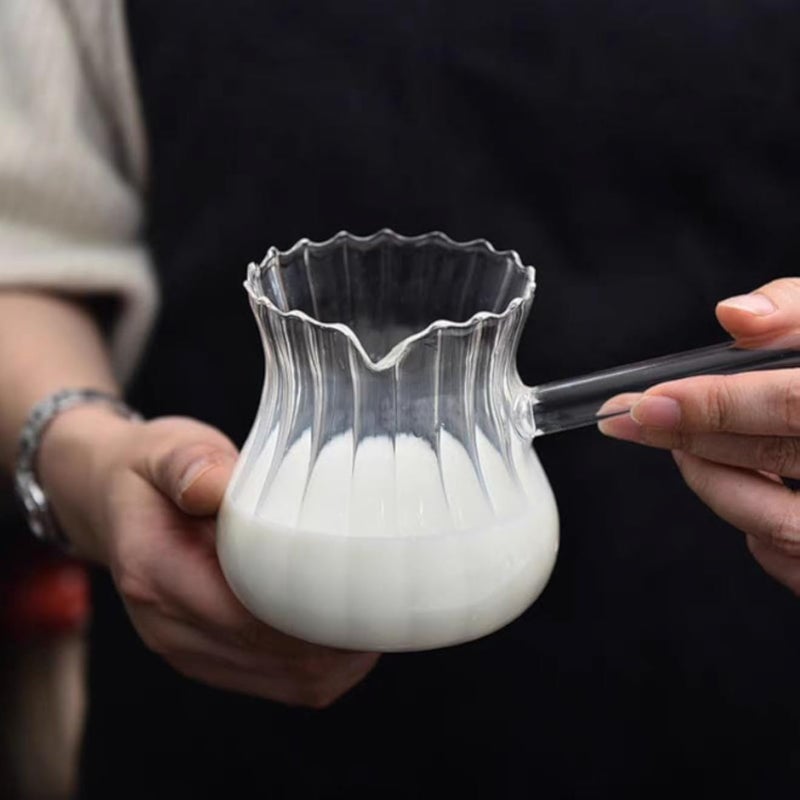 إبريق حليب زجاجي بمقبض طويل، مقاوم للحرارة، سعة 400 مل، آمن للاستخدام على النار المباشرة (g)